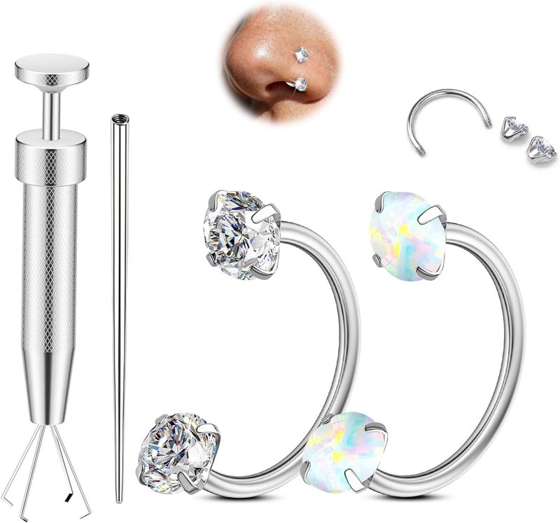AMASIS Opal Nose Ring Studs Horseshoe Nose Rings Hoops Stud 316L Stainless Steel Nose Rings Round CZ Square Screw L Shaped Nose Stud Hypoallergenic Nostril Piercing Jewelry for Women Men - Image 1